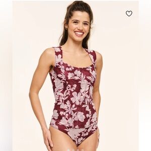 Adore Me Burgundy Floral Mesh Corset Top‎ & Bikini Bottom Set Medium